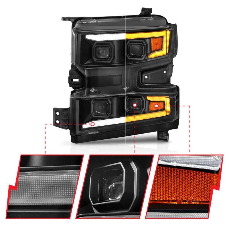 ANZO 19-22 Chevrolet Silverado 1500 LED Proj HL w/Lgt Bar SwBk Seq. Blk w/In. Light - Driver Side ON ANZO ANZ111566-L