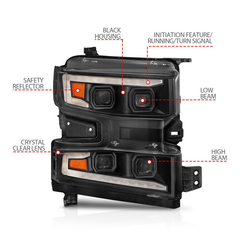 ANZO 19-22 Chevrolet Silverado 1500 LED Proj HL w/Lgt Bar SwBk Seq. Blk w/In. Light - Passenger Side ANZO ANZ111566-R