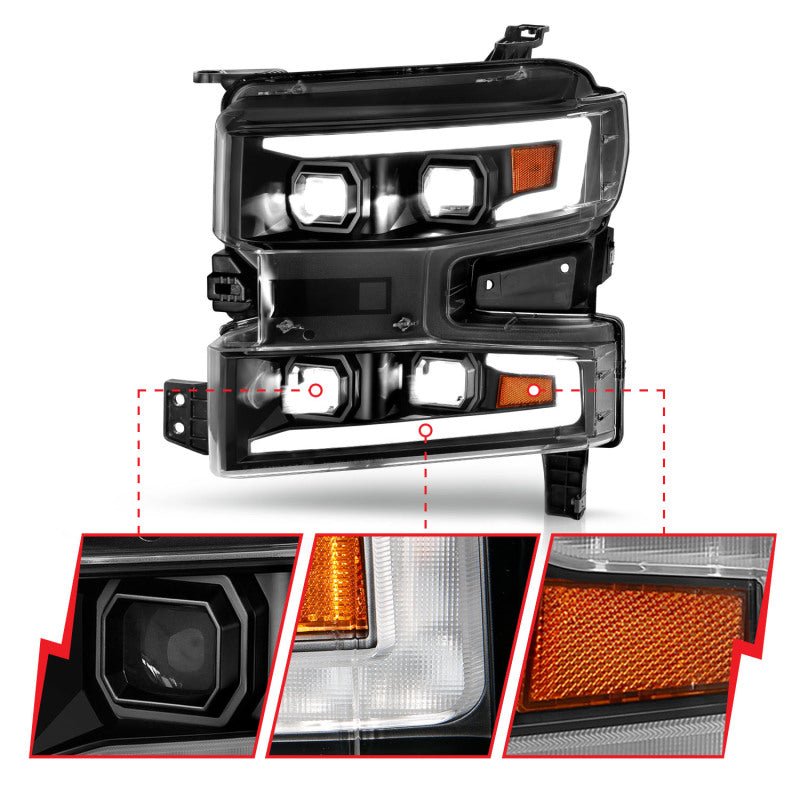 ANZO 19-22 Chevrolet Silverado 1500 LED Proj HL w/Lgt Bar SwBk Seq. Blk w/In. Light - Passenger Side ANZO ANZ111566-R