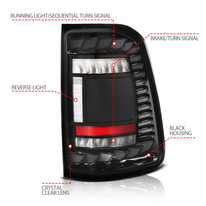 ANZO 19-24 RAM 1500 (Factory Halogen Models) Full LED Tail Lights SeqSig Black - Pair ANZO ANZ311480A