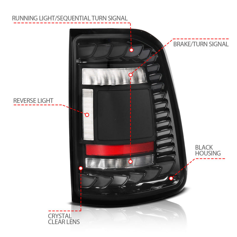 ANZO 19-24 RAM 1500 (Factory LED Models ONLY) Full LED Tail Lights SeqSig Black - Pair ANZO ANZ311481A