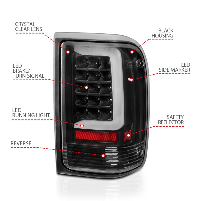 ANZO 1993-1997 Ford Ranger LED Tail Lights w/ Light Bar Black Housing Clear Lens - Black Ops Auto Works