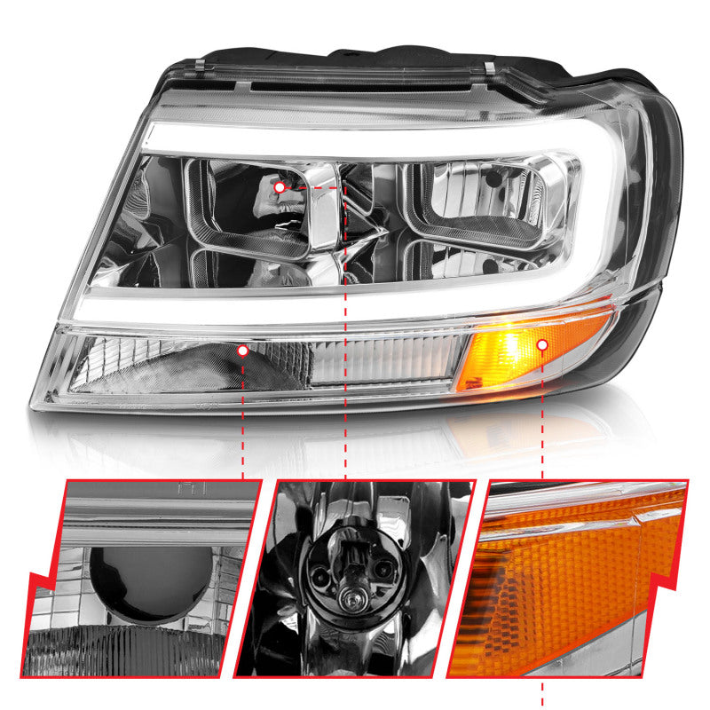 ANZO 1999-2004 Jeep Grand Cherokee Crystal Headlights w/ Light Bar Chrome Housing ANZO ANZ111538