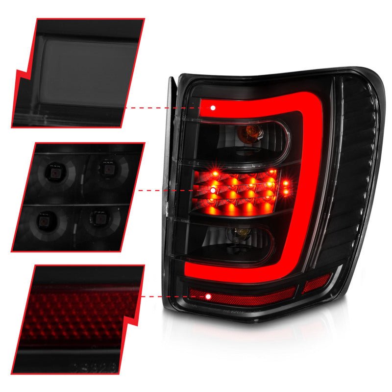ANZO 1999-2004 Jeep Grand Cherokee LED Tail Lights w/ Light Bar Black Housing Smoke Lens - Black Ops Auto Works