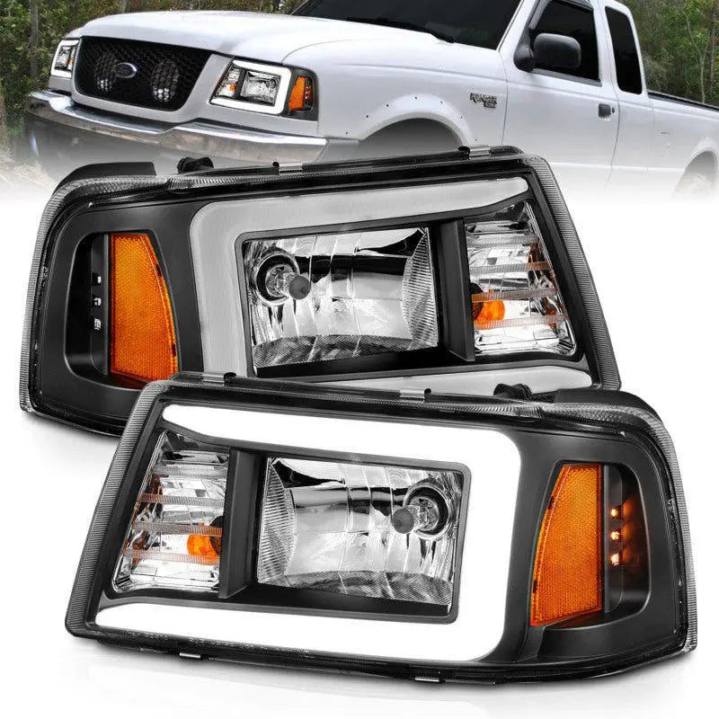 ANZO 2001-2011 Ford Ranger Crystal Headlights w/ Light Bar Black Housing - Black Ops Auto Works