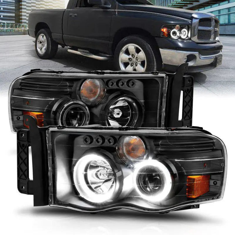 ANZO 2002-2005 Dodge Ram 1500 Projector Headlights w/ Halo Black Clear Amber ANZO ANZ111490