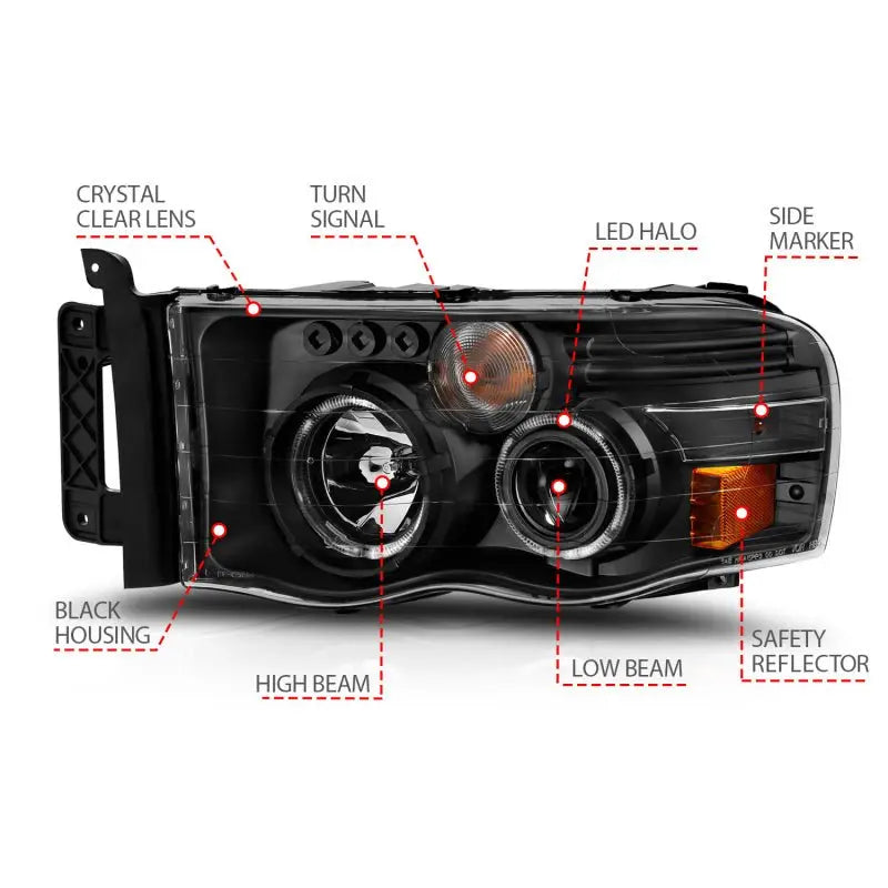 ANZO 2002-2005 Dodge Ram 1500 Projector Headlights w/ Halo Black Clear Amber ANZO ANZ111490