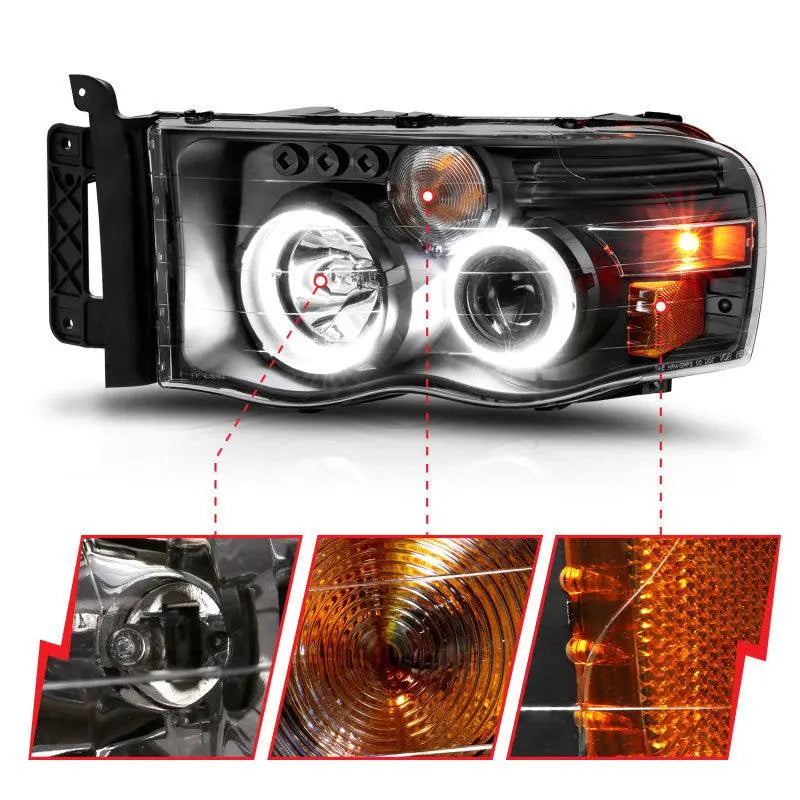 ANZO 2002-2005 Dodge Ram 1500 Projector Headlights w/ Halo Black Clear Amber ANZO ANZ111490