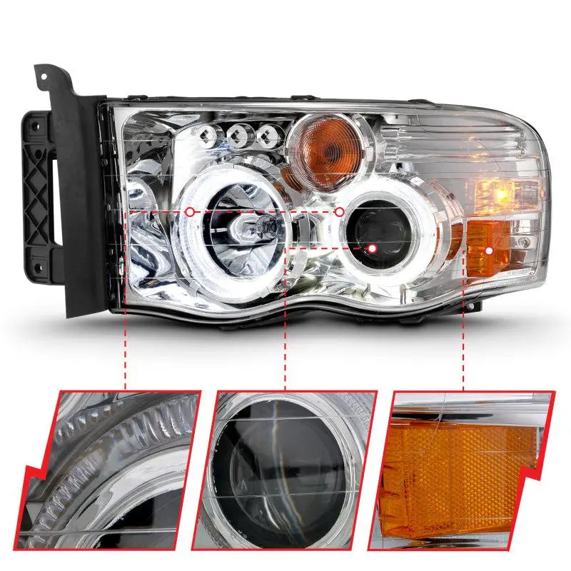 ANZO 2002-2005 Dodge Ram 1500 Projector Headlights w/ Halo Chrome Clear Amber - Black Ops Auto Works