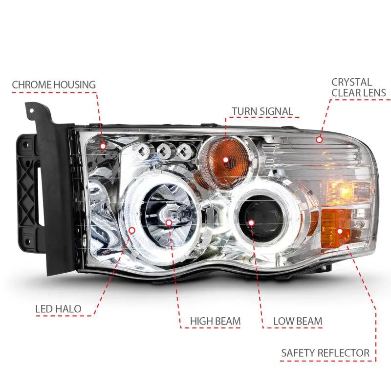 ANZO 2002-2005 Dodge Ram 1500 Projector Headlights w/ Halo Chrome Clear Amber - Black Ops Auto Works