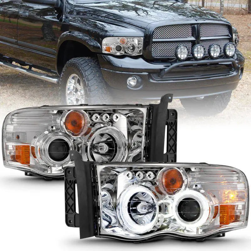 ANZO 2002-2005 Dodge Ram 1500 Projector Headlights w/ Halo Chrome Clear Amber - Black Ops Auto Works