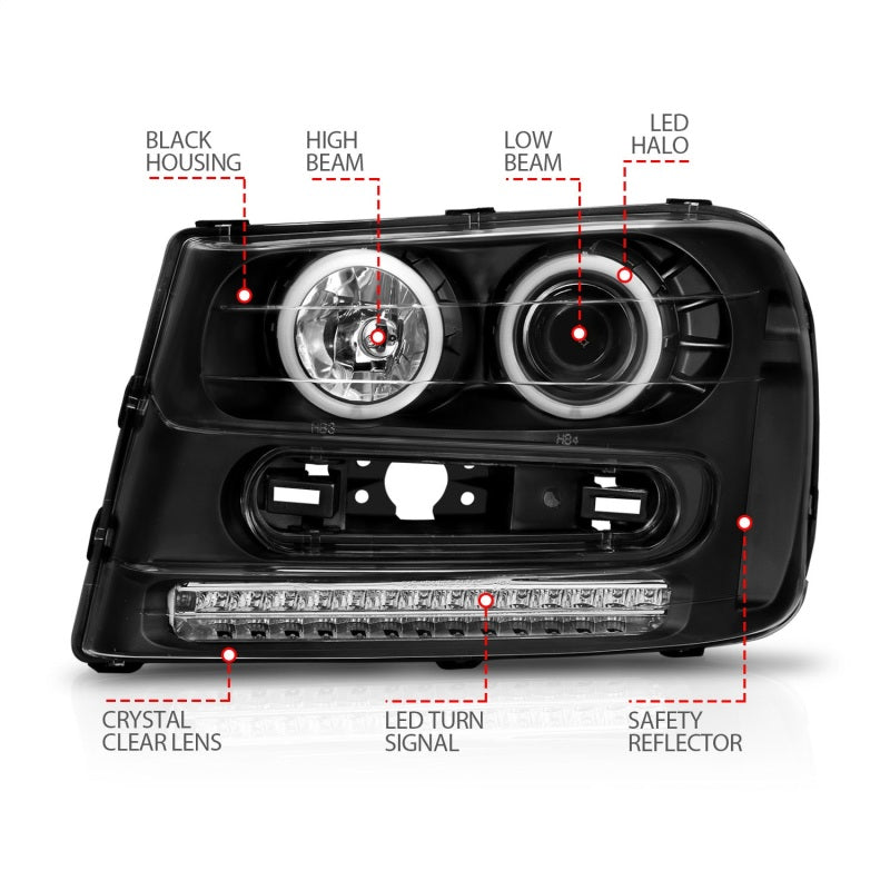 ANZO 2002-2009 Chevrolet Trailblazer Projector Headlights w/ Halo Black ANZO ANZ111127