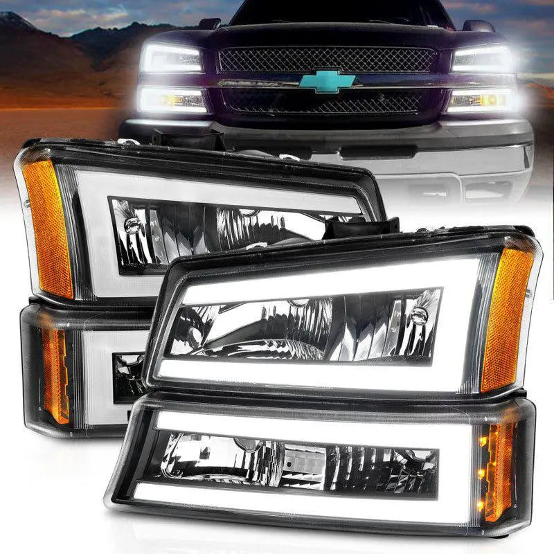 ANZO 2003-2006 Chevrolet Silverado 1500 Crystal Headlights w/ Light Bar Black Housing - Black Ops Auto Works