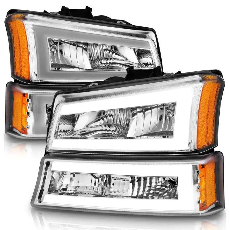 ANZO 2003-2006 Chevrolet Silverado 1500 Crystal Headlights w/ Light Bar Chrome Housing - Black Ops Auto Works