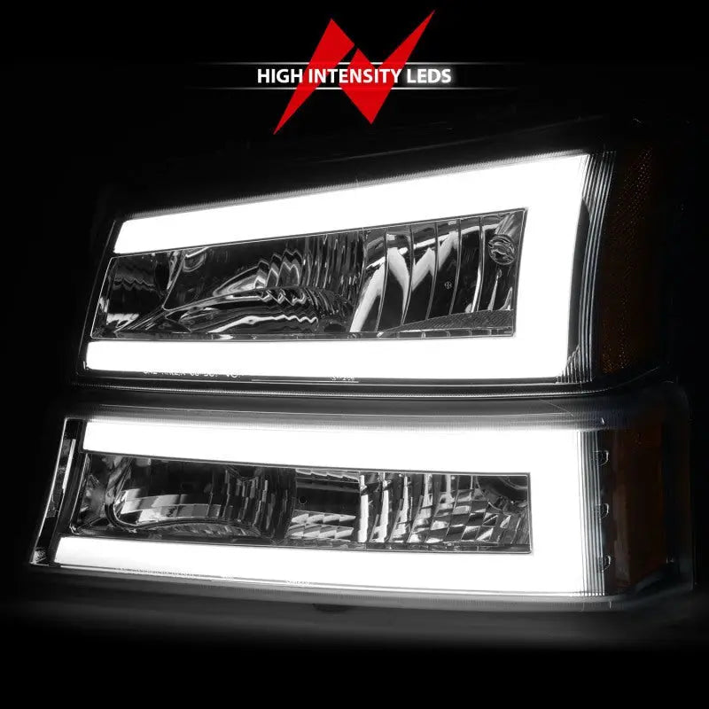 ANZO 2003-2006 Chevrolet Silverado 1500 Crystal Headlights w/ Light Bar Chrome Housing - Black Ops Auto Works