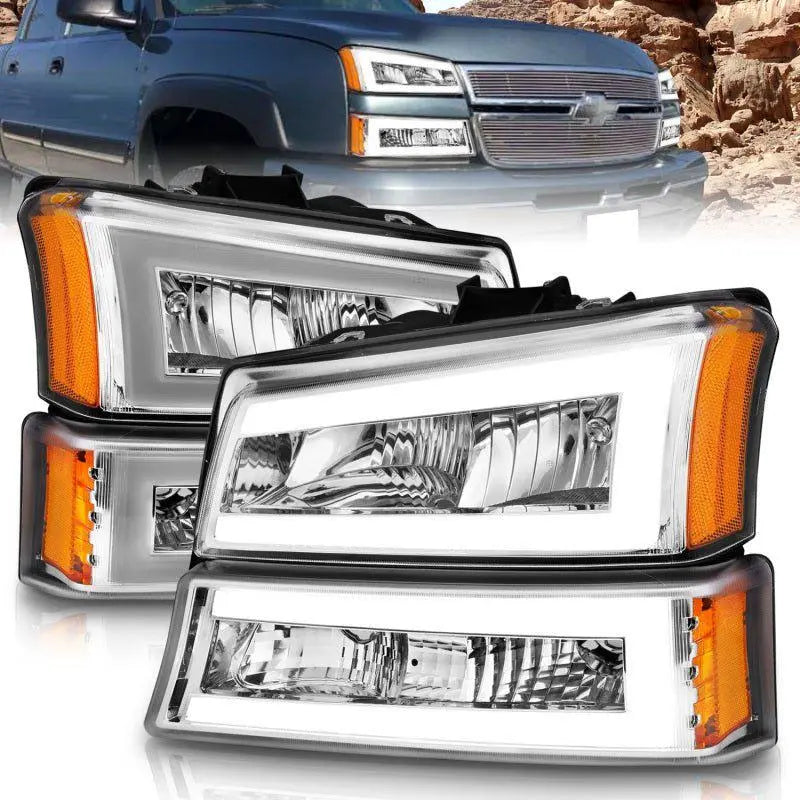 ANZO 2003-2006 Chevrolet Silverado 1500 Crystal Headlights w/ Light Bar Chrome Housing - Black Ops Auto Works