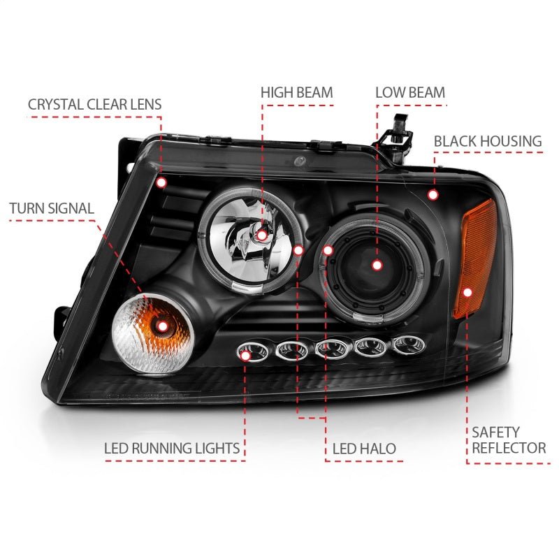 ANZO 2004-2008 Ford F-150 Projector Headlights w/ Halo and LED Black G2 ANZO ANZ111204