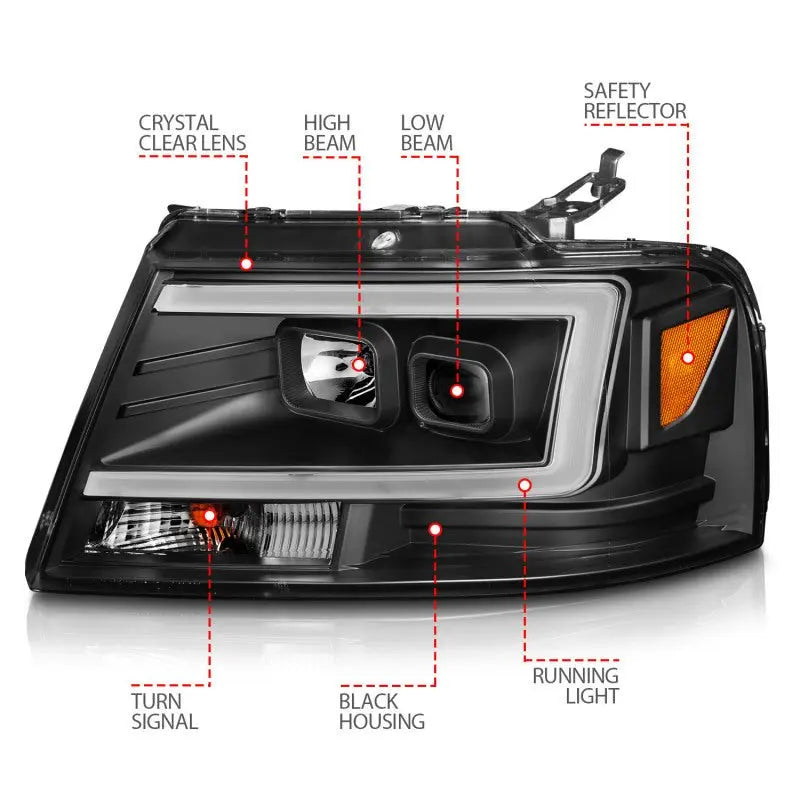 ANZO 2004-2008 Ford F-150 Projector Headlights w/ Light Bar Black