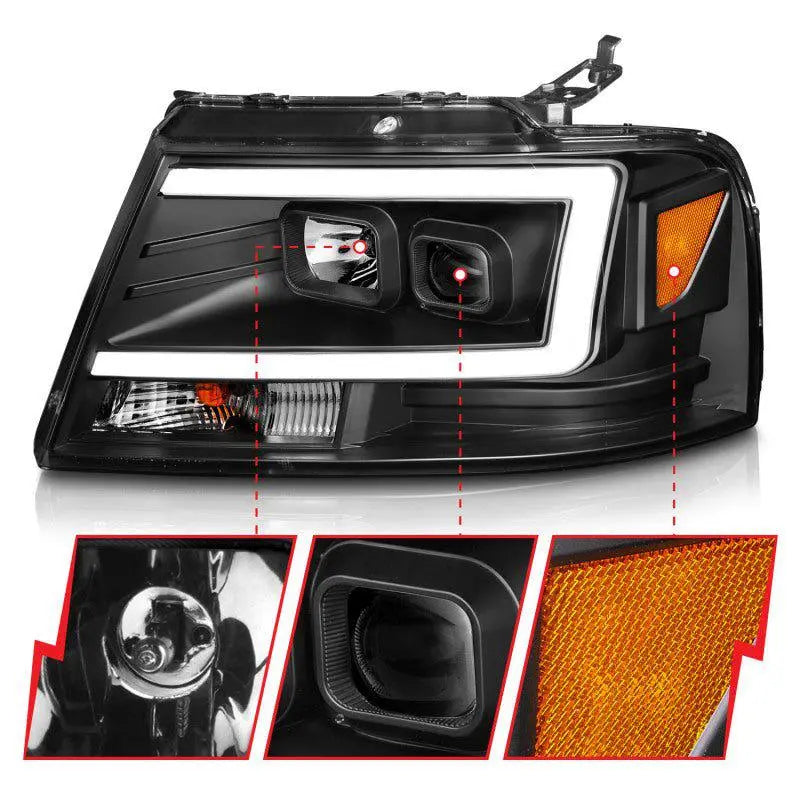 ANZO 2004-2008 Ford F-150 Projector Headlights w/ Light Bar Black Housing - Black Ops Auto Works