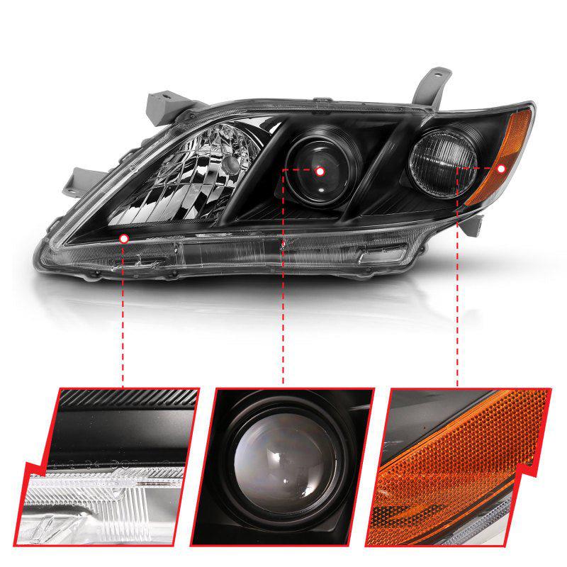 ANZO 2007-2009 Toyota Camry Projector Headlight Black Amber - Black Ops Auto Works