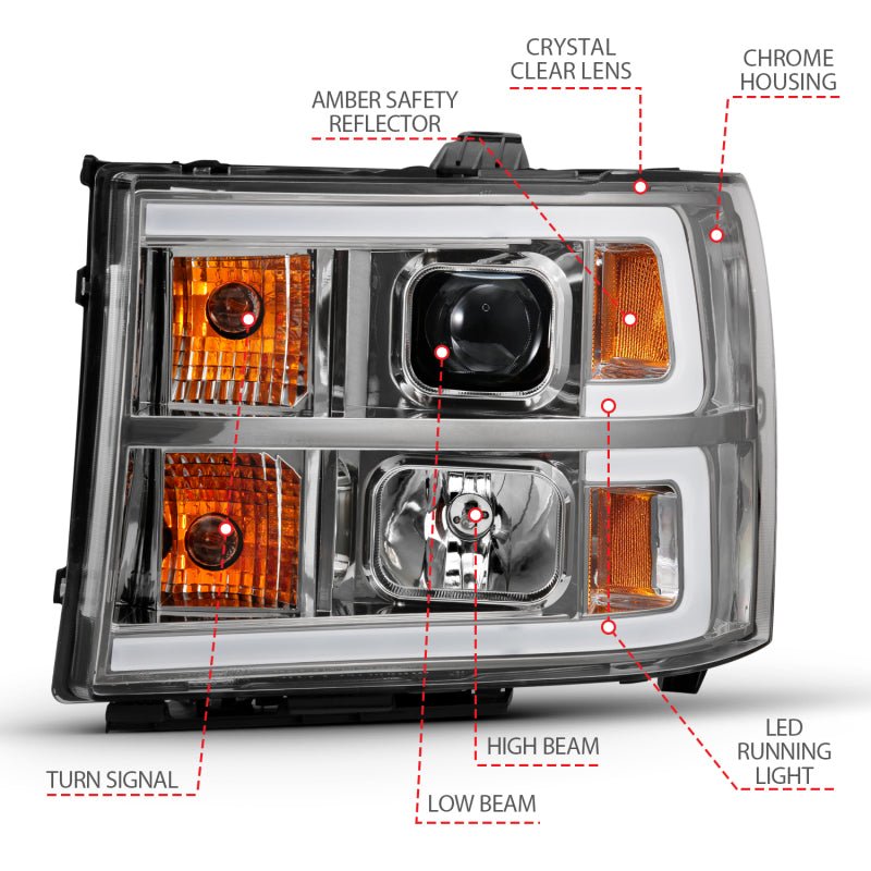 ANZO 2007-2013 Gmc Sierra 1500 Projector Headlight Plank Style Chrome w/ Clear Lens Amber ANZO ANZ111483