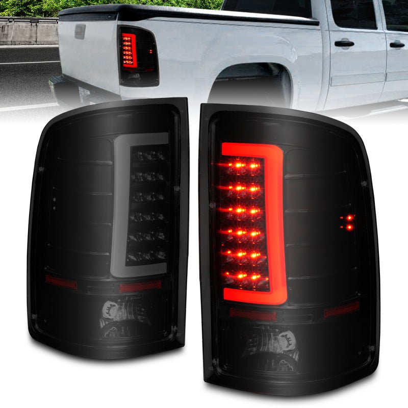 ANZO 2007-2013 GMC Sierra LED Tail Lights w/ Light Bar Black Housing Smoke Lens - Black Ops Auto Works