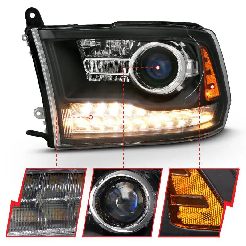 ANZO 2009-2018 Dodge Ram 1500 Projector Headlights Plank Style Halo w/Switchback Matte Black ANZO ANZ111489