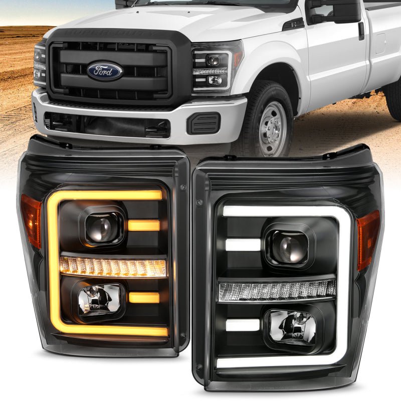 ANZO 2011-2016 Ford F250 Projector Headlights w/ Plank Style Switchback Black w/ Amber ANZO ANZ111406
