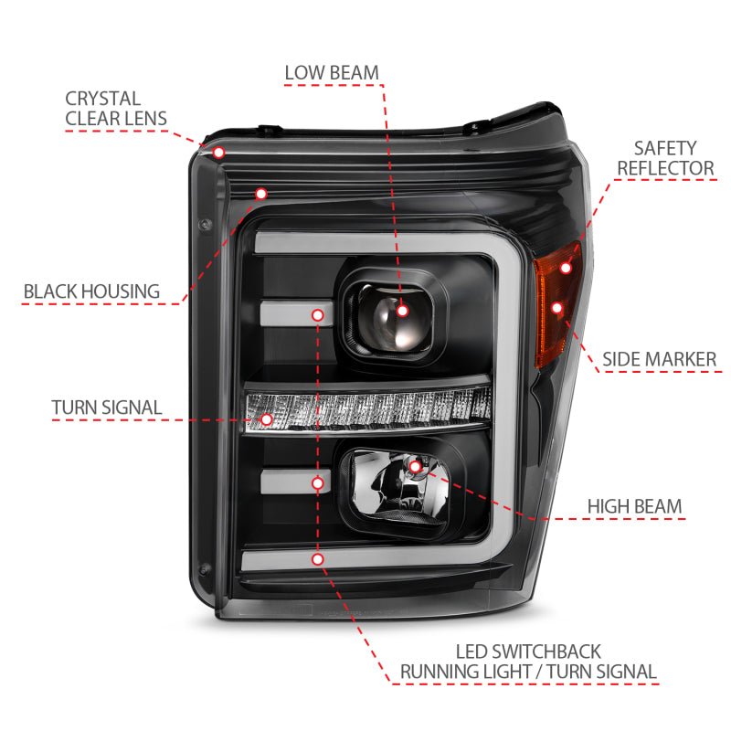 ANZO 2011-2016 Ford F250 Projector Headlights w/ Plank Style Switchback Black w/ Amber ANZO ANZ111406