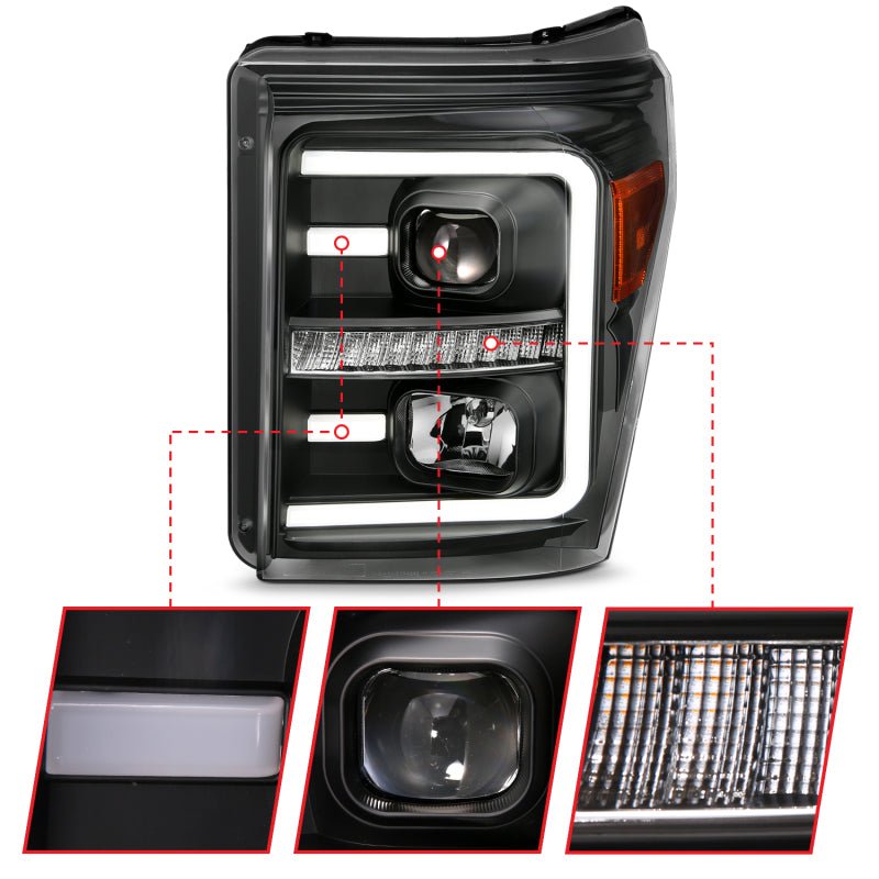 ANZO 2011-2016 Ford F250 Projector Headlights w/ Plank Style Switchback Black w/ Amber ANZO ANZ111406