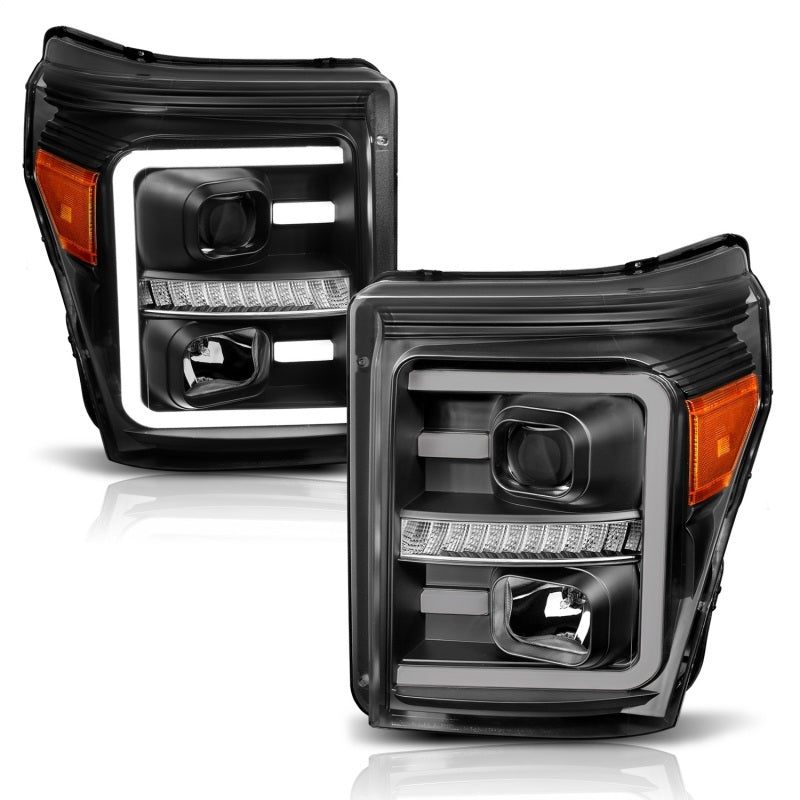ANZO 2011-2016 Ford F250 Projector Headlights w/ Plank Style Switchback Black w/ Amber ANZO ANZ111406