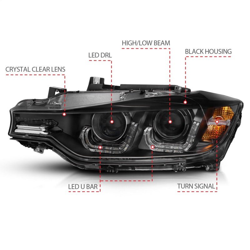 ANZO 2012-2015 BMW 3 Series Projector Headlights w/ U-Bar Black ANZO ANZ121504