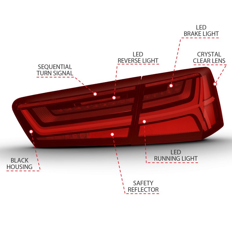 ANZO 2012-2018 Audi A6 LED Taillight Black Housing Red/Clear Lens 4 pcs (Sequential Signal) ANZO ANZ321353