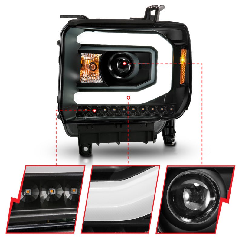 ANZO 2014-2015 GMC Sierra 1500 Projector Headlights w/ Light Bar Black Housing (Halogen Type) ANZO ANZ111513