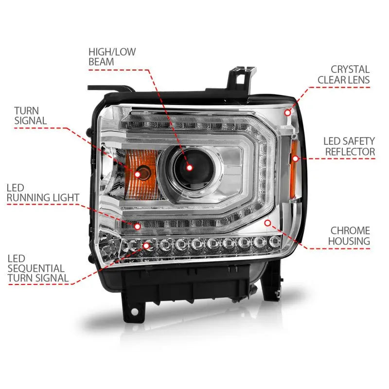 ANZO 2014-2015 Gmc Sierra 1500 Projector Headlights w/ Light Bar Chrome Housing (Halogen Type) ANZO ANZ111514
