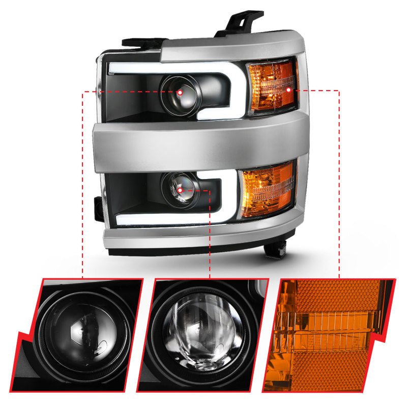 ANZO 2015-2016 Chevrolet Silverado Projector Headlights w/ Plank Style Design Black w/ Amber ANZO ANZ111359