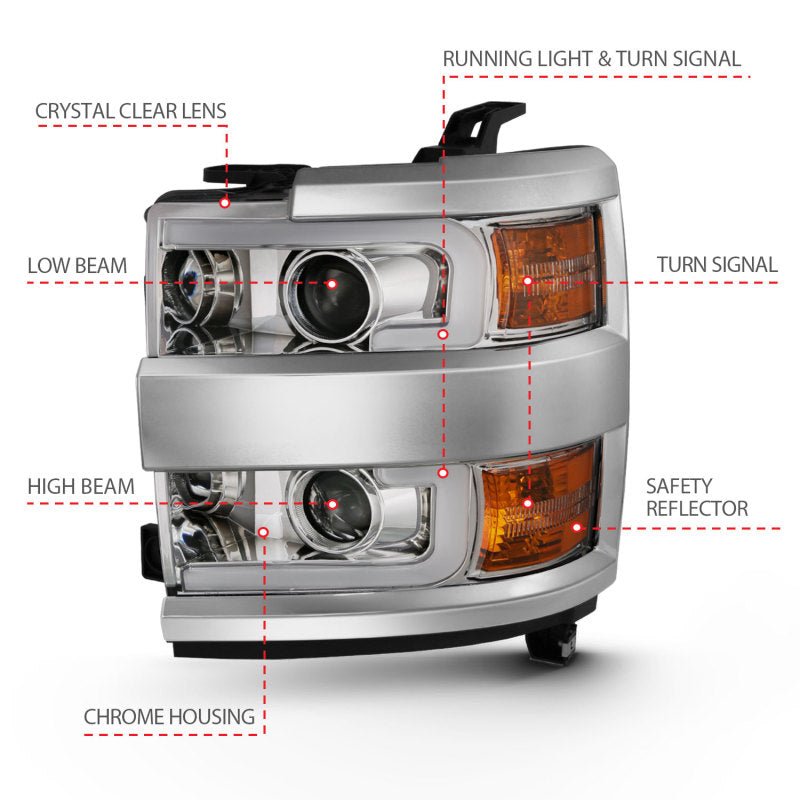 ANZO 2015-2016 Chevrolet Silverado Projector Headlights w/ Plank Style Design Chrome w/ Amber ANZO ANZ111360