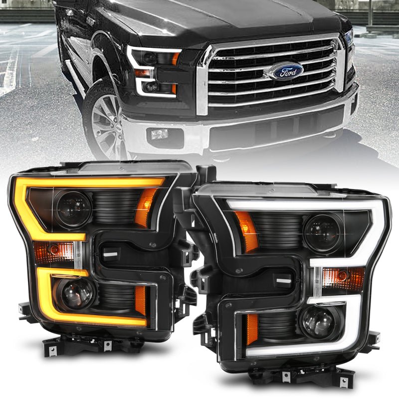 ANZO 2015-2017 Ford F-150 Projector Headlights w/ Plank Style Switchback Black w/ Amber ANZO ANZ111357