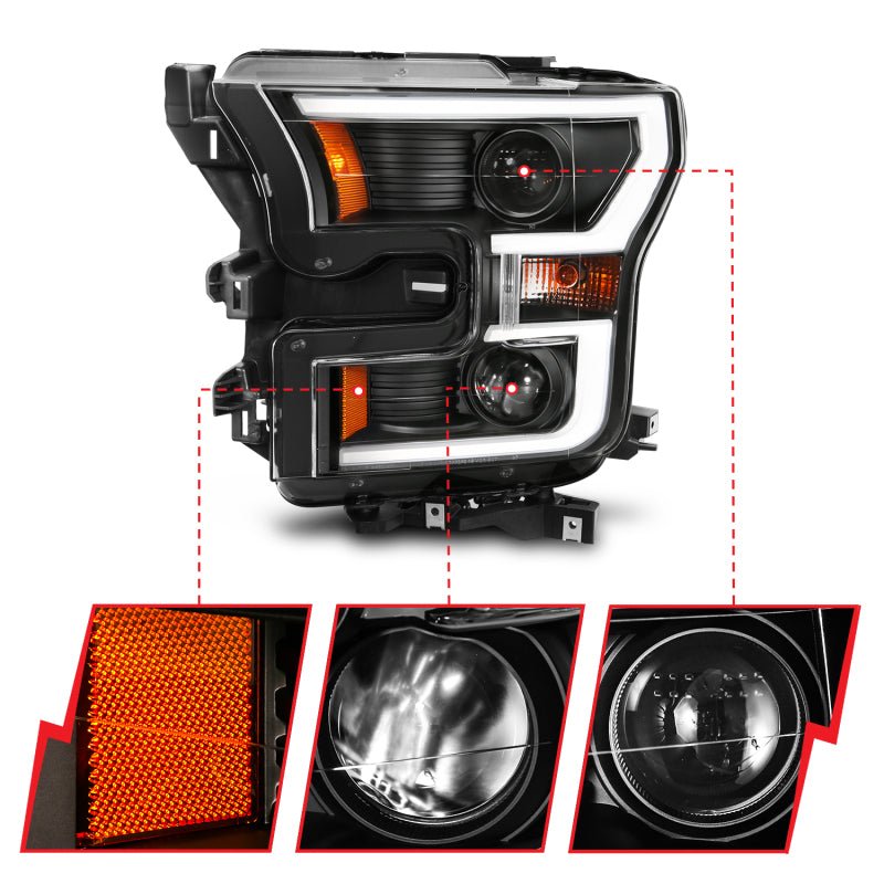 ANZO 2015-2017 Ford F-150 Projector Headlights w/ Plank Style Switchback Black w/ Amber ANZO ANZ111357
