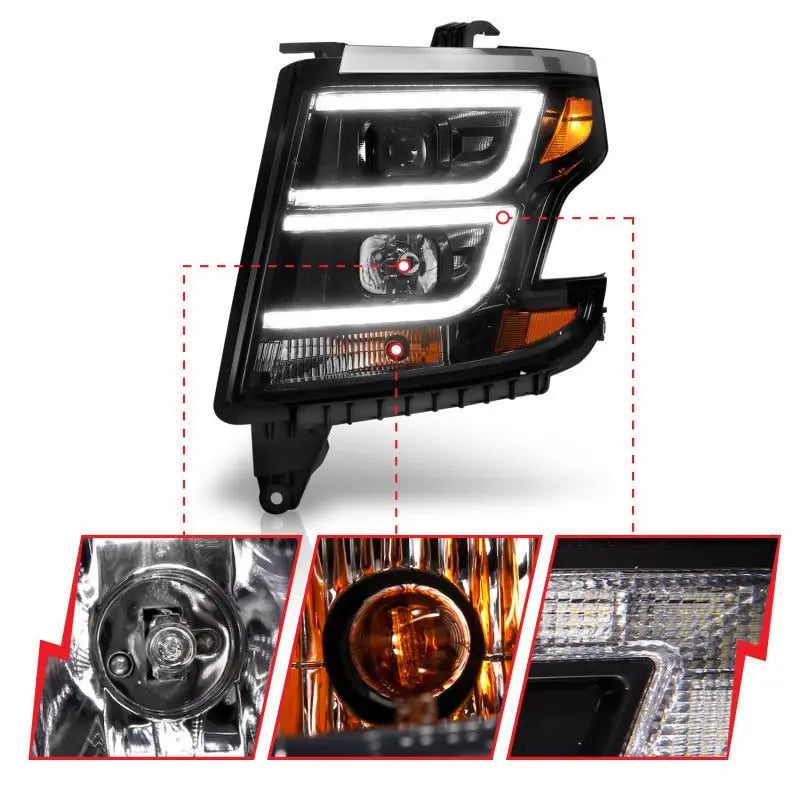 ANZO 2015-2020 Chevy Tahoe Projector Headlights Plank Style Black w/DRL - Black Ops Auto Works