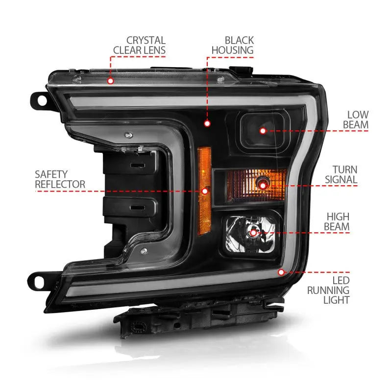 ANZO 2018-2020 Ford F-150 Projector Headlight w/ Plank Style Switchback Black Housing ANZO ANZ111509