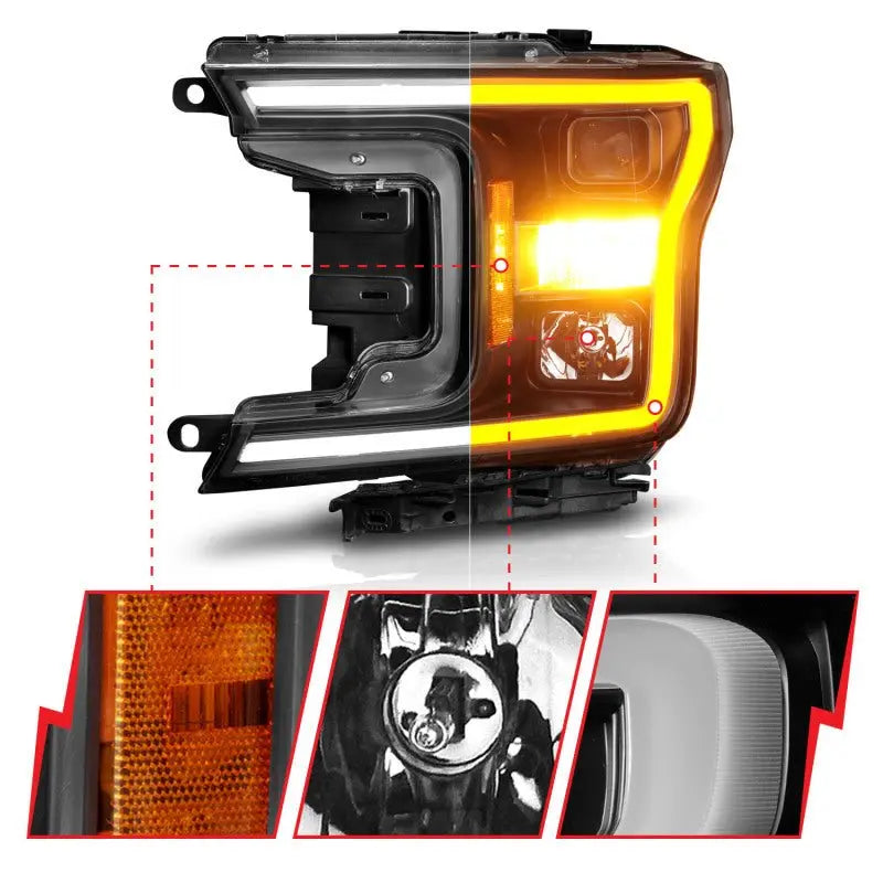 ANZO 2018-2020 Ford F-150 Projector Headlight w/ Plank Style Switchback Black Housing - Black Ops Auto Works
