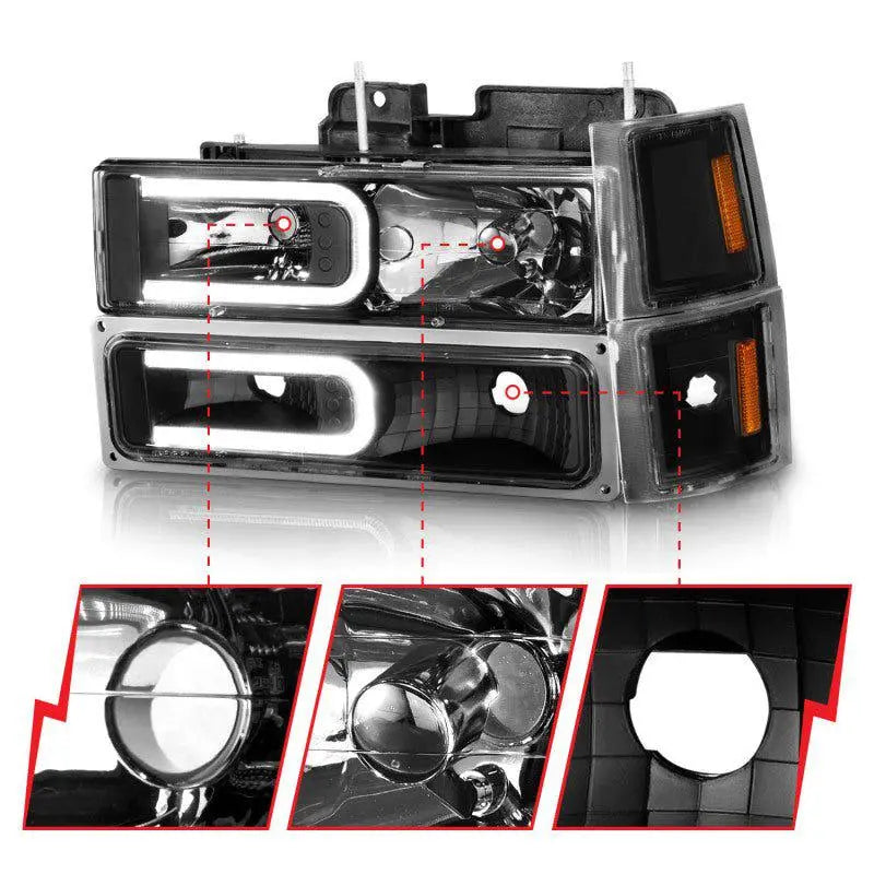 ANZO 88-98 Chevrolet C1500 Crystal Headlights w/ Light Bar Black Housing w/ Signal Side Markers 8Pcs ANZO ANZ111528