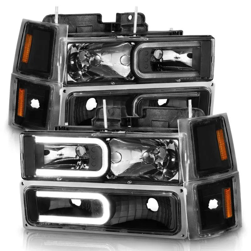 ANZO 88-98 Chevrolet C1500 Crystal Headlights w/ Light Bar Black Housing w/ Signal Side Markers 8Pcs - Black Ops Auto Works