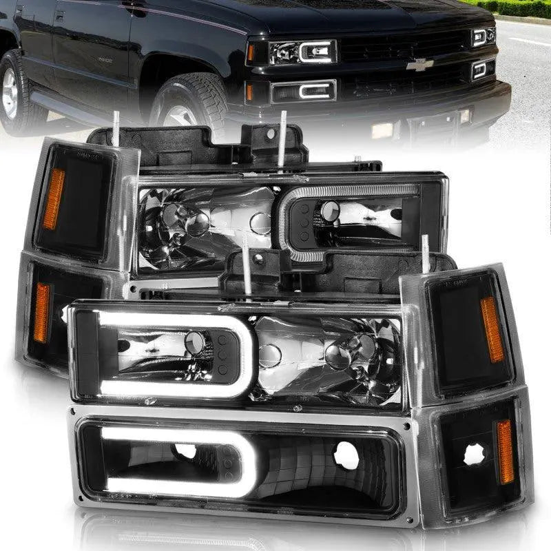 ANZO 88-98 Chevrolet C1500 Crystal Headlights w/ Light Bar Black Housing w/ Signal Side Markers 8Pcs - Black Ops Auto Works