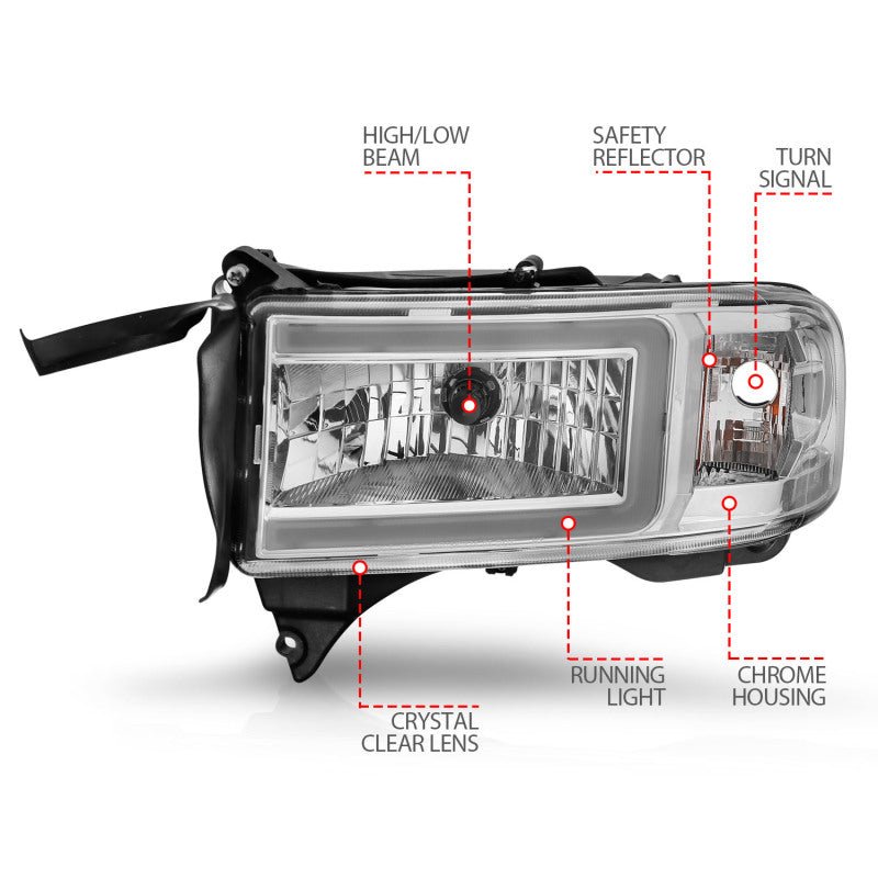 ANZO 94-02 Dodge RAM Crystal Headlight - w/ Light Bar Chrome Housing ANZO ANZ111555