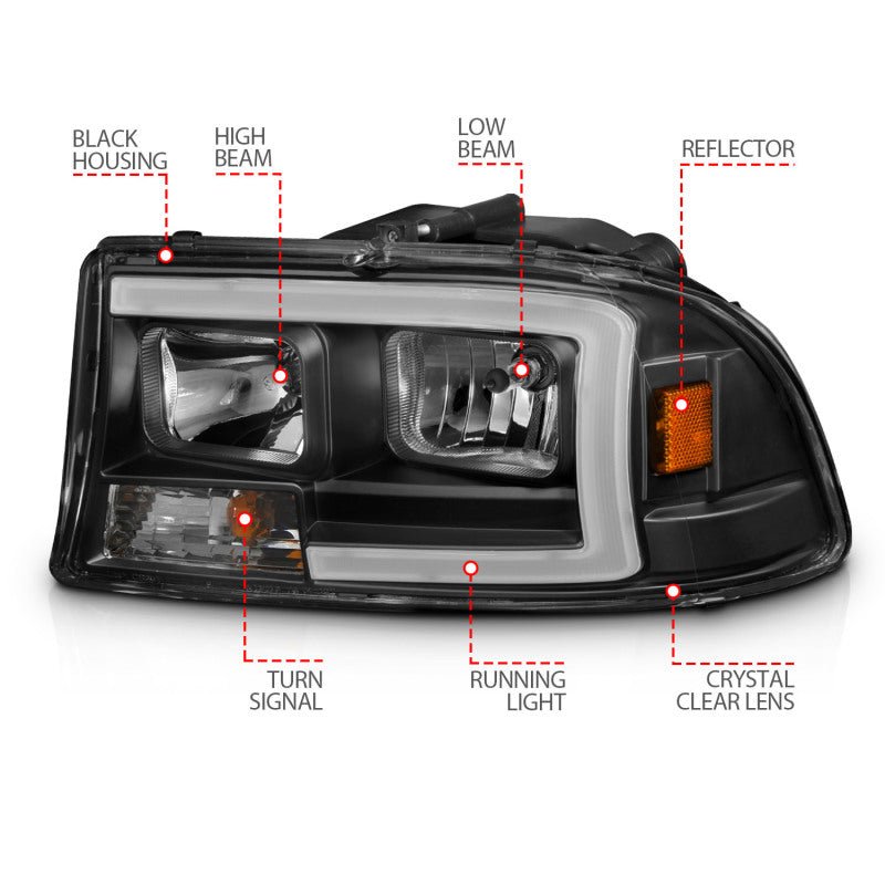 ANZO 97-04 Dodge Dakota/Durango Crystal headlight Set w/ Light Bar Black Housing - Black Ops Auto Works