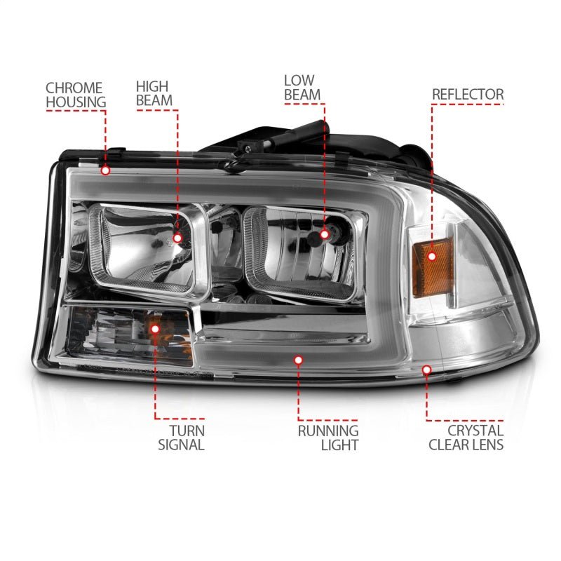 ANZO 97-04 Dodge Dakota/Durango Crystal headlight Set w/ Light Bar Chrome Housing - Black Ops Auto Works