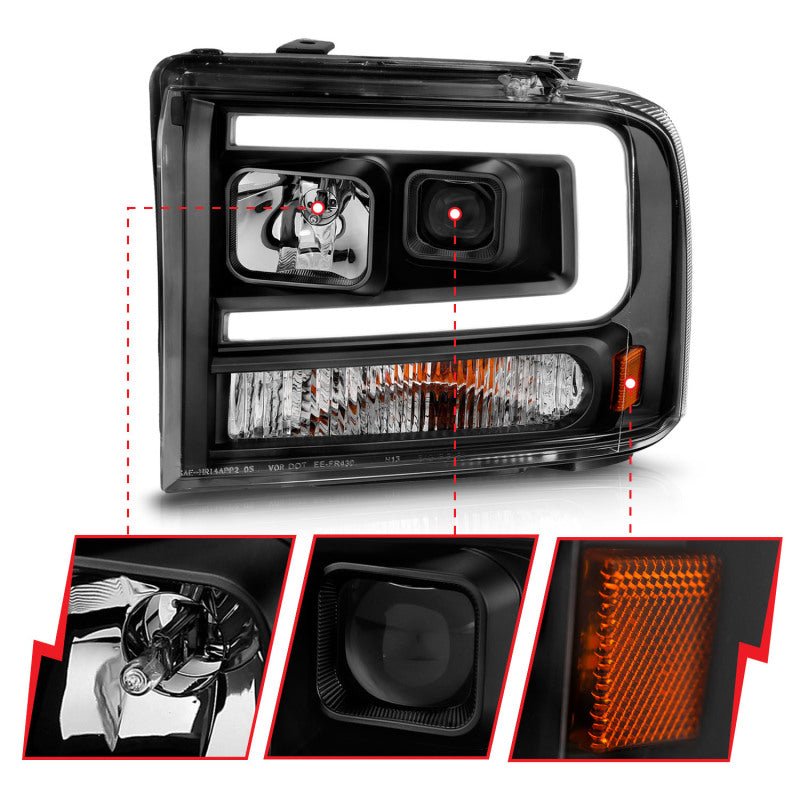 ANZO 99-04 Ford F250/F350/F450/Excursion (excl 99) Projector Headlights - w/ Light Bar Black Housing ANZO ANZ111551