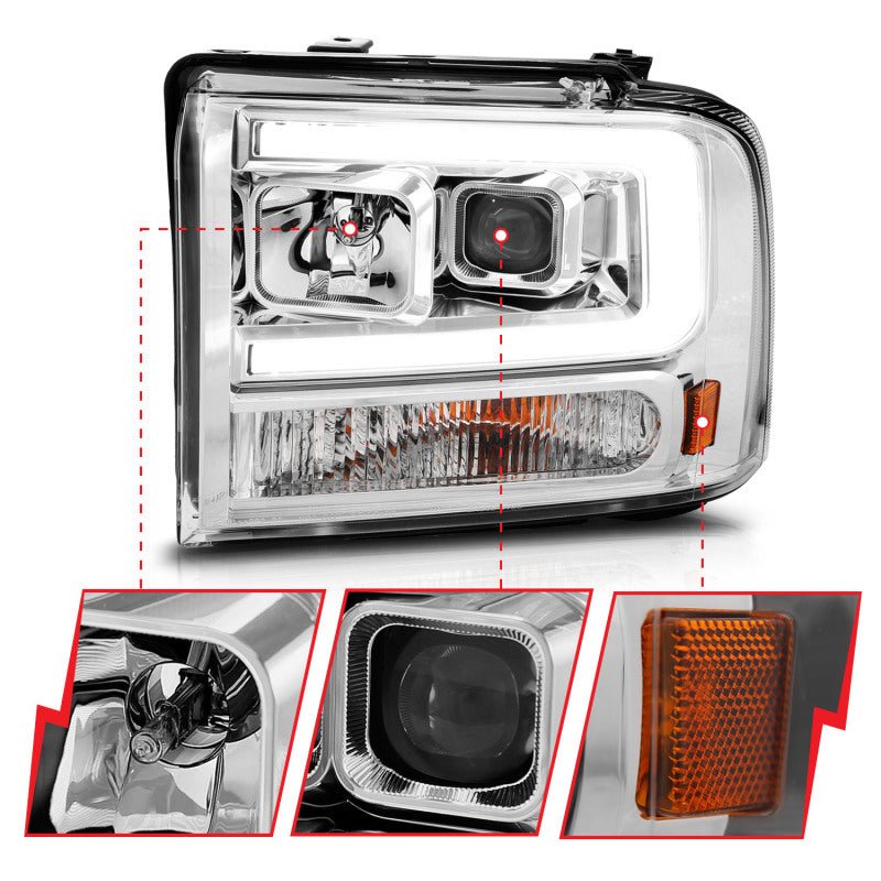 ANZO 99-04 Ford F250/F350/F450/Excursion (excl 99) Projector Headlights - w/Light Bar Chrome Housing ANZO ANZ111552